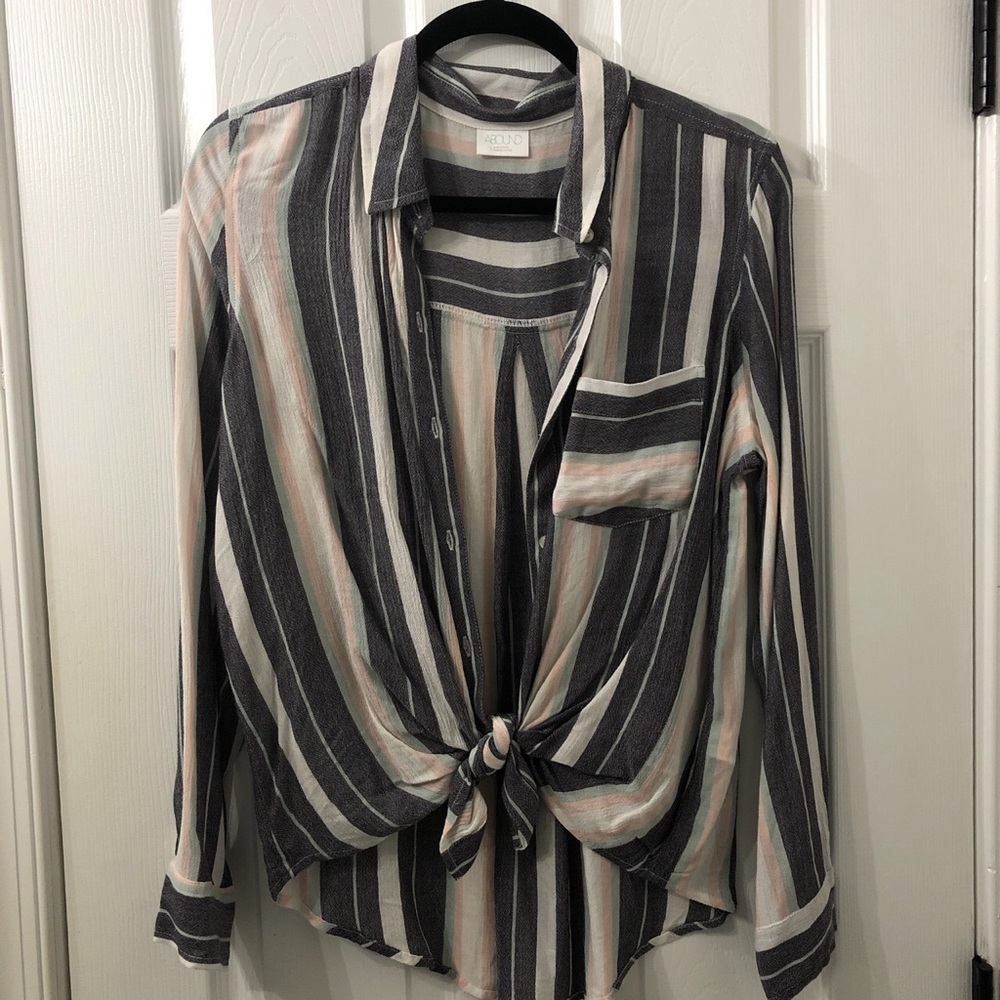 Striped button down shirt with tied ends